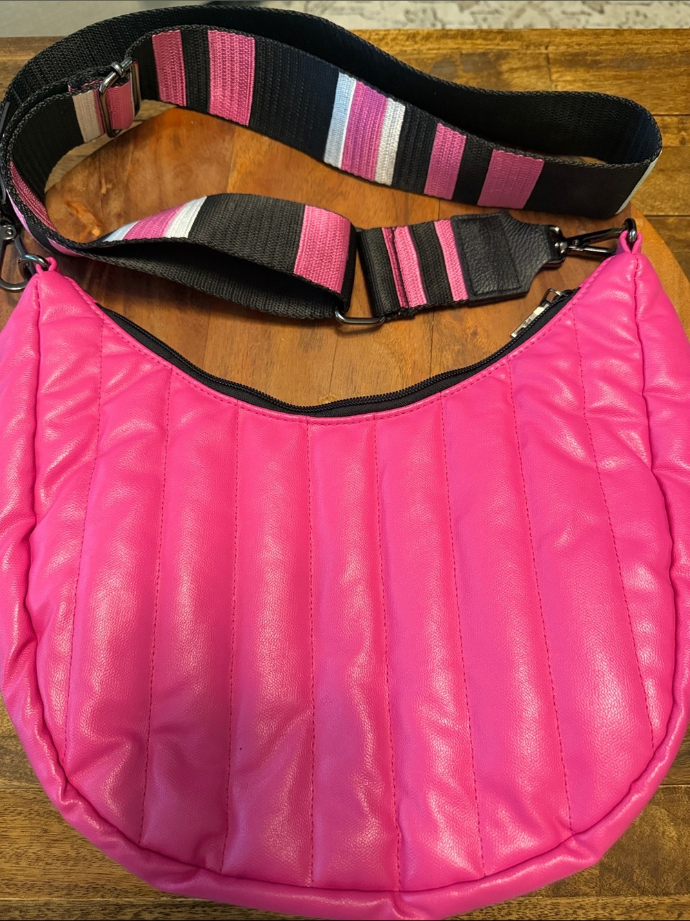 THINK ROYLN Bright Pink Quilted Shoulder Bag with Black & Pink Stripe Strap